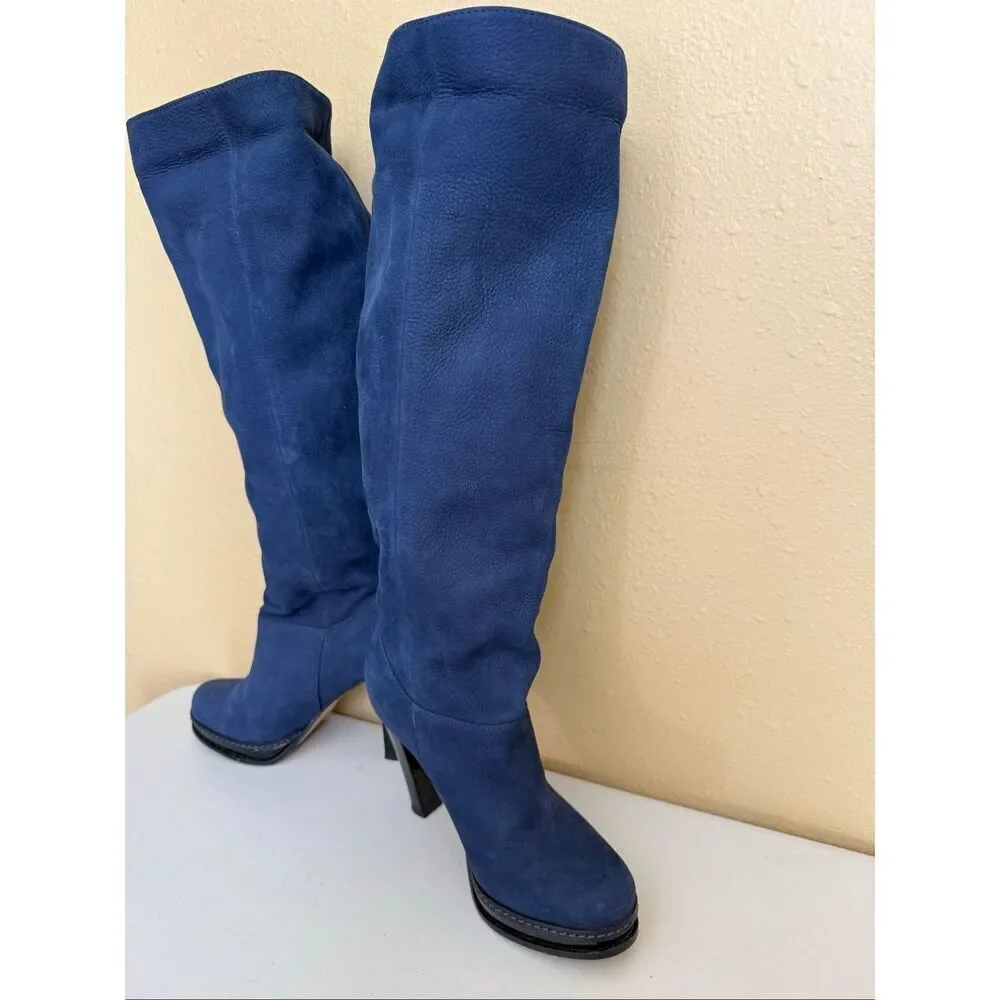 Cole Haan Blue Suede Knee High Boots Size 6B Platform Heel Black Patent